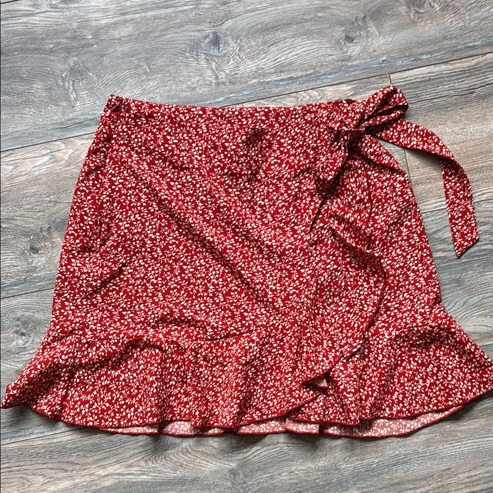 SHEIN Red and White Ruffled Wrap Mini Skirt